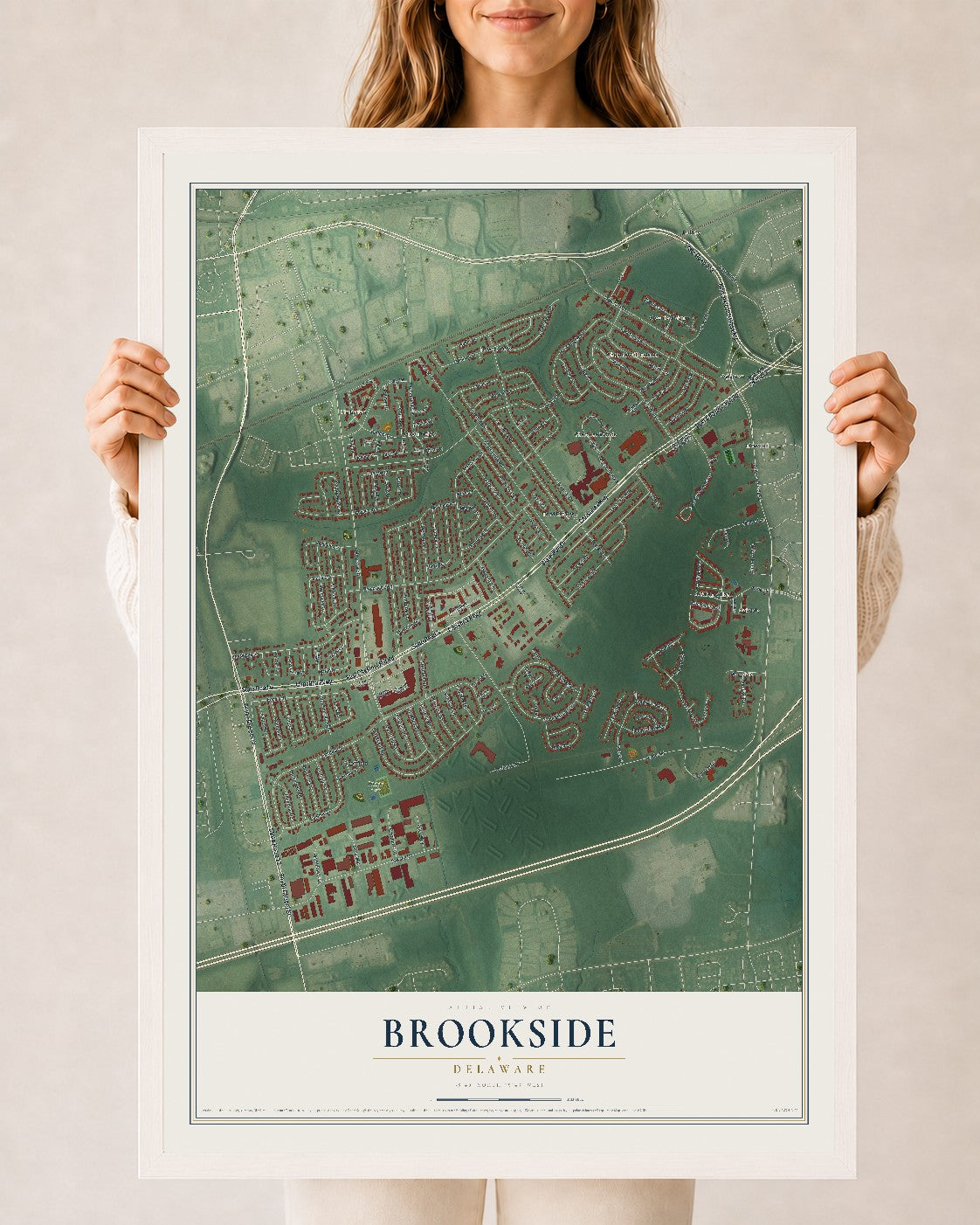 Map of Brookside, Delaware, 24 x 36 inch print in a white wood frame