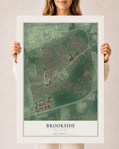 Map of Brookside, Delaware, 24 x 36 inch print in a white wood frame