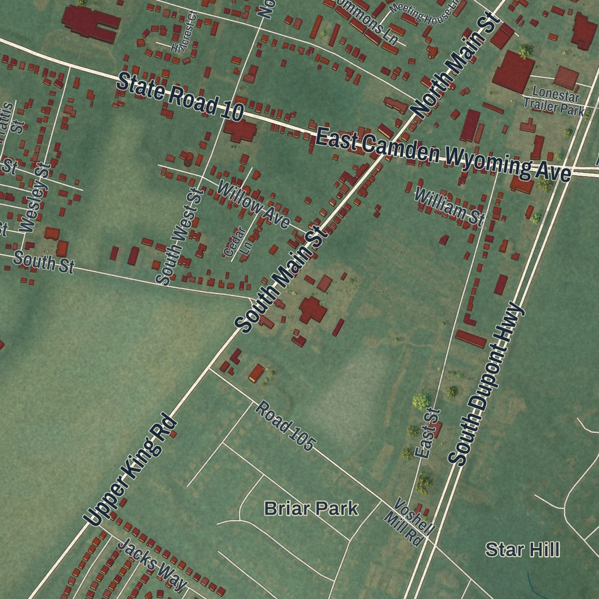 Second close-up of the map of Camden, Delaware print showing more streets and buildings