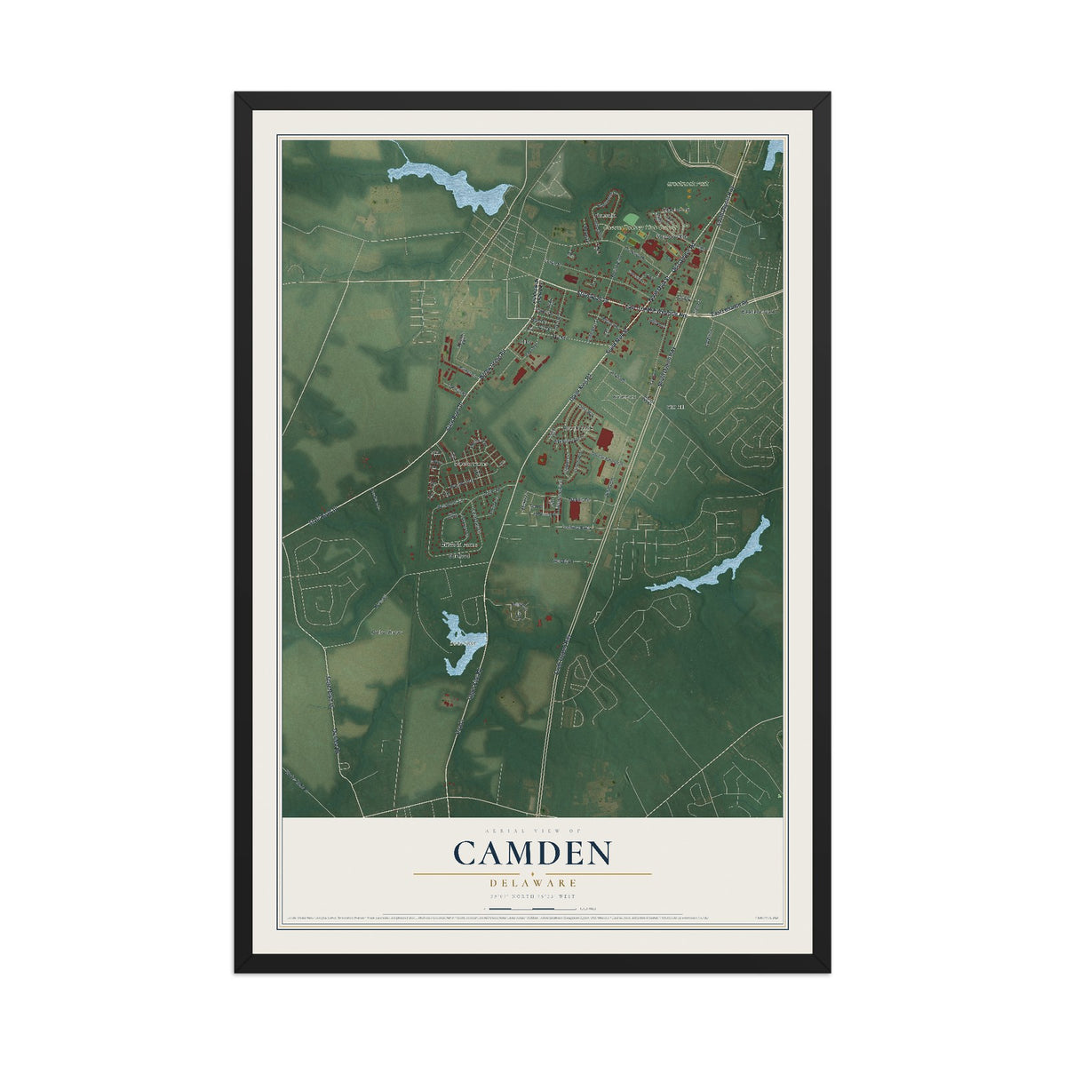 Map of Camden, Delaware, 12 x 18 inch print in a black wood frame