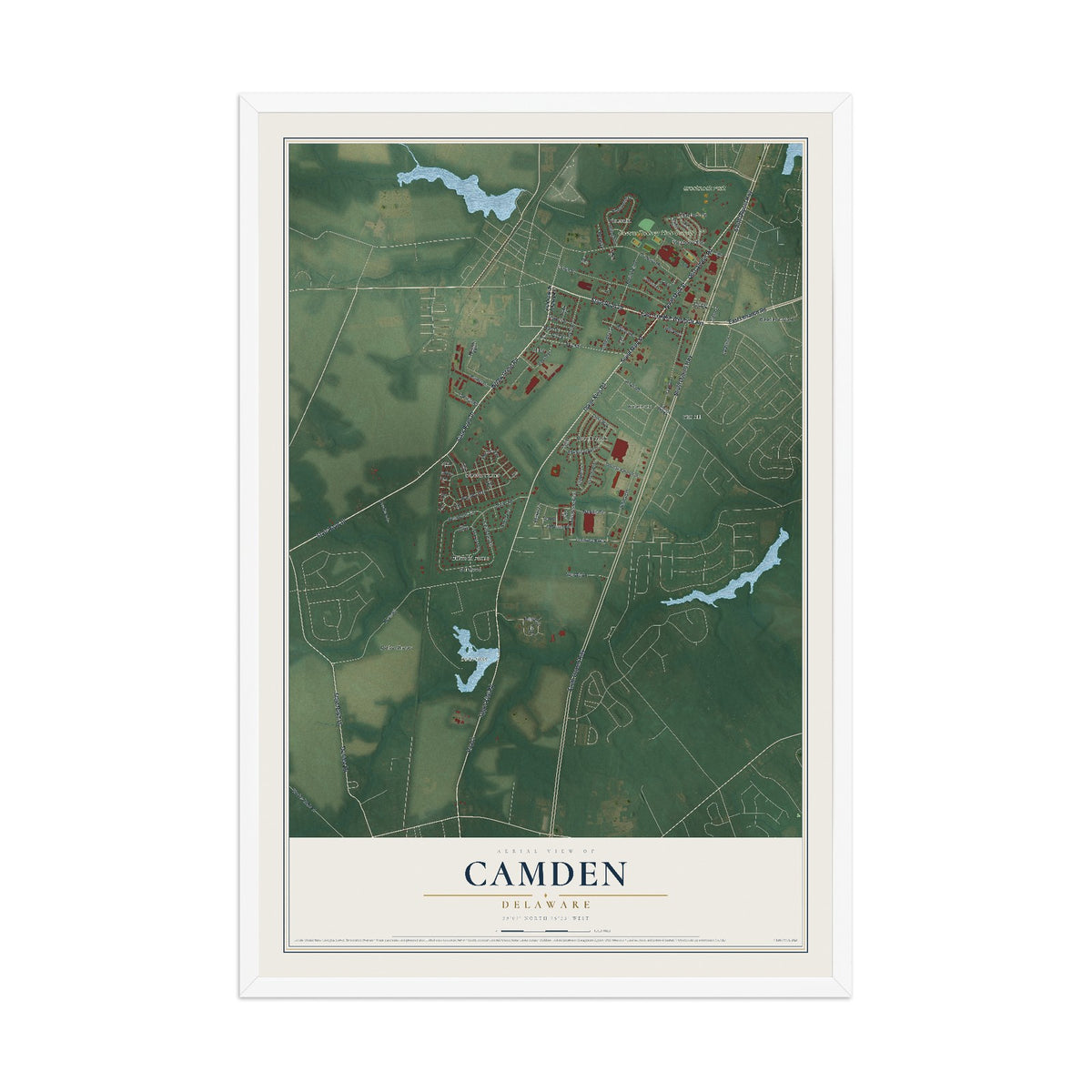 Map of Camden, Delaware, 12 x 18 inch print in a white wood frame