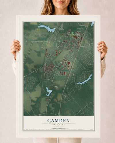 Map of Camden, Delaware, 24 x 36 inch print in a white wood frame