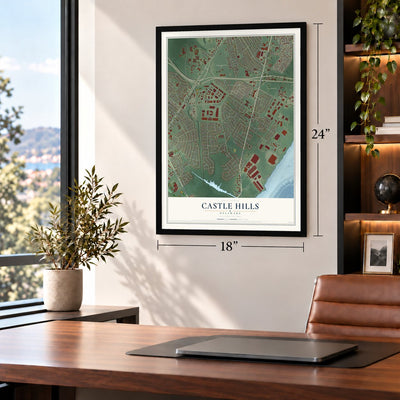 Castle Hills, Delaware map, 18 x 24 inch print in a black frame in a home office