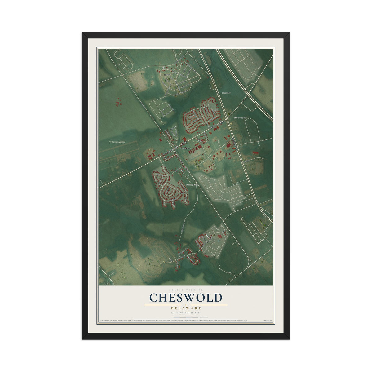 Map of Cheswold, Delaware, 12 x 18 inch print in a black wood frame