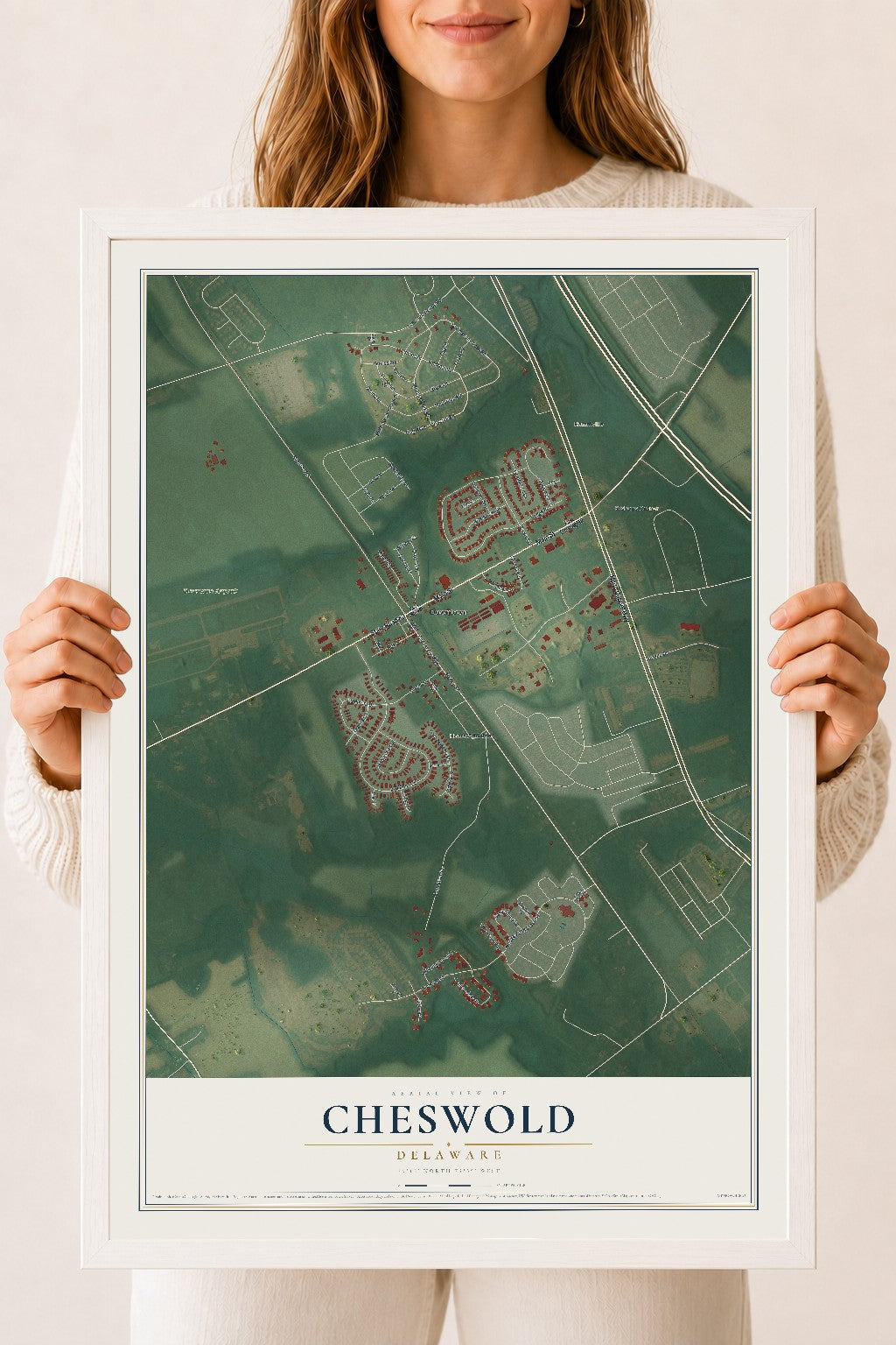 Map of Cheswold, Delaware, 18 x 24 inch print in a white wood frame