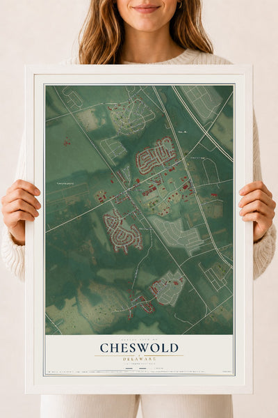 Map of Cheswold, Delaware, 18 x 24 inch print in a white wood frame
