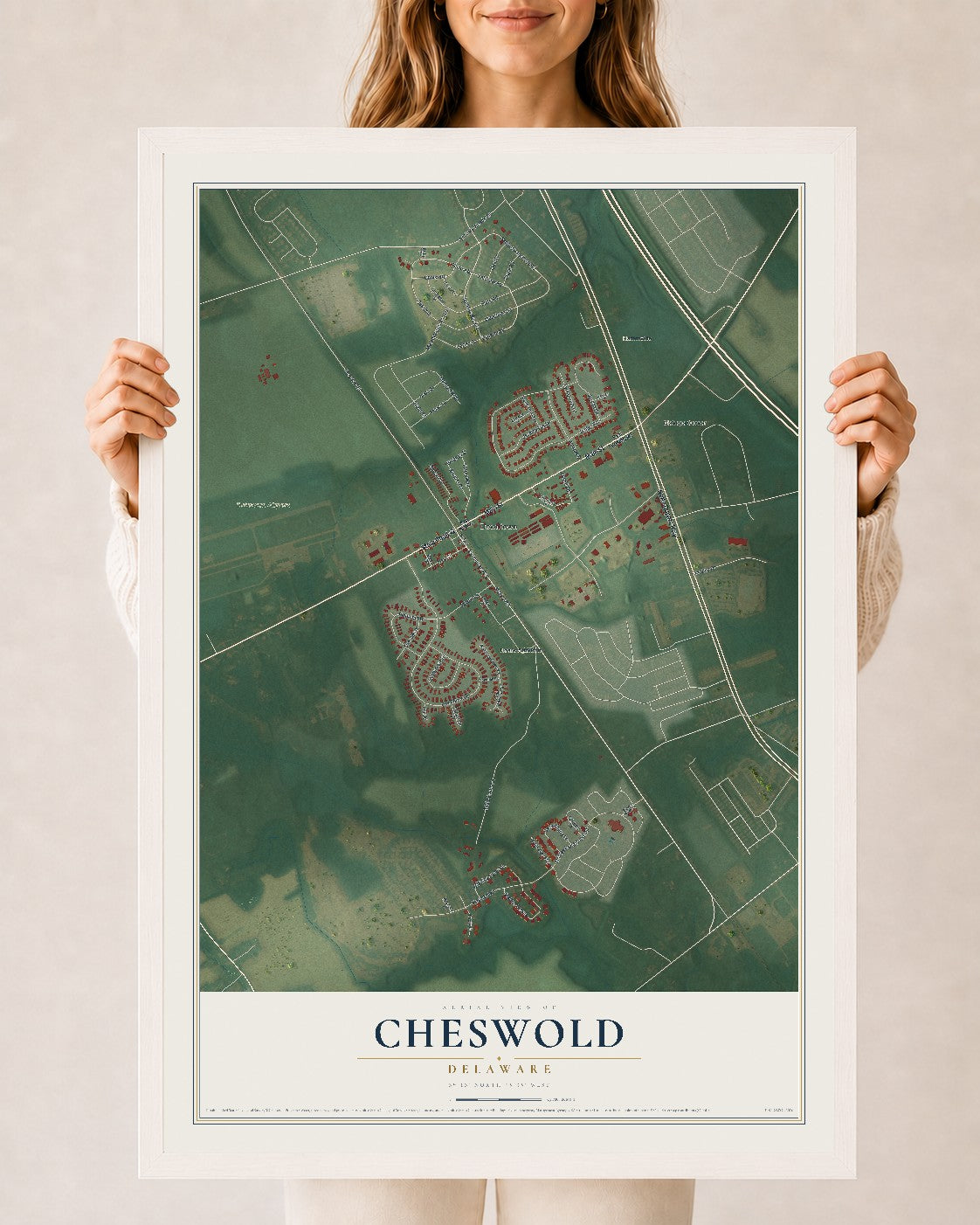 Map of Cheswold, Delaware, 24 x 36 inch print in a white wood frame