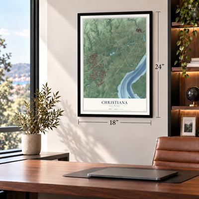 Christiana, Delaware map, 18 x 24 inch print in a black frame in a home office
