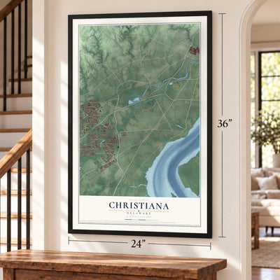 Christiana, Delaware map, 24 x 36 inch print in a black frame by a staircase