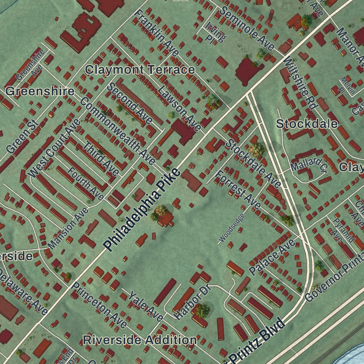 Second close-up of the map of Claymont, Delaware print showing more streets and buildings