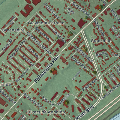 Second close-up of the map of Claymont, Delaware print showing more streets and buildings