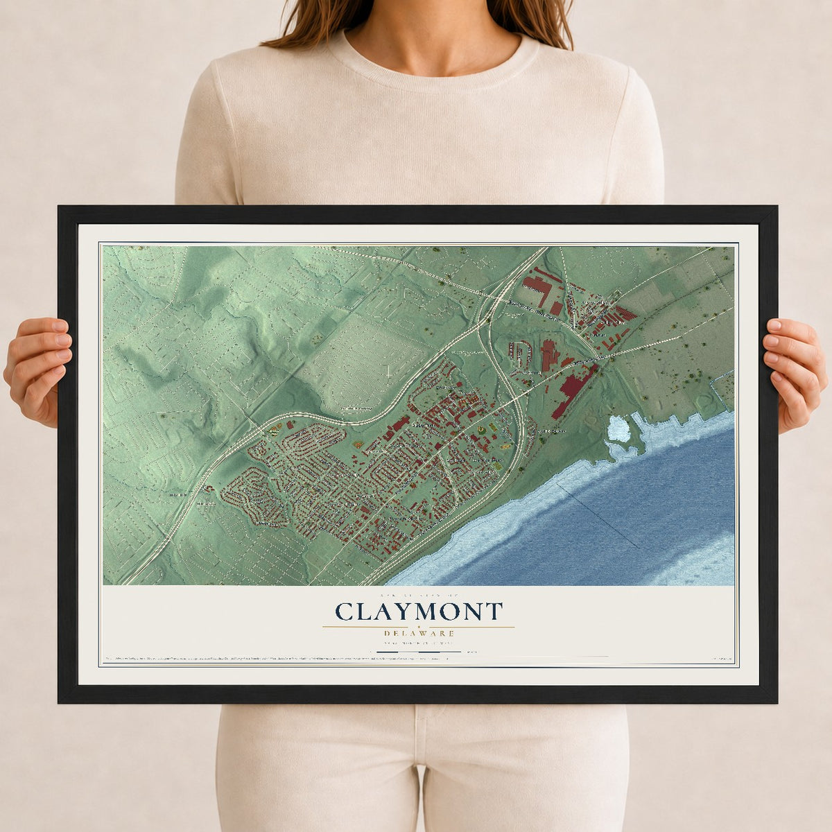 Map of Claymont, Delaware, 12 x 18 inch print in a black wood frame