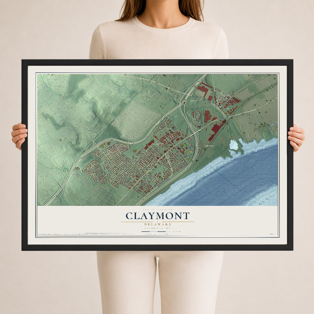 Map of Claymont, Delaware, 24 x 36 inch print in a black wood frame