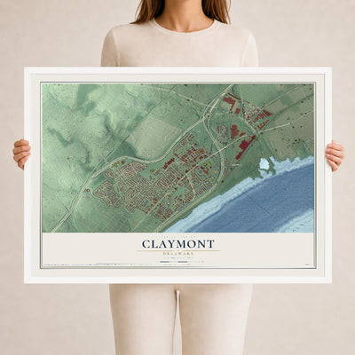 Map of Claymont, Delaware, 24 x 36 inch print in a white wood frame