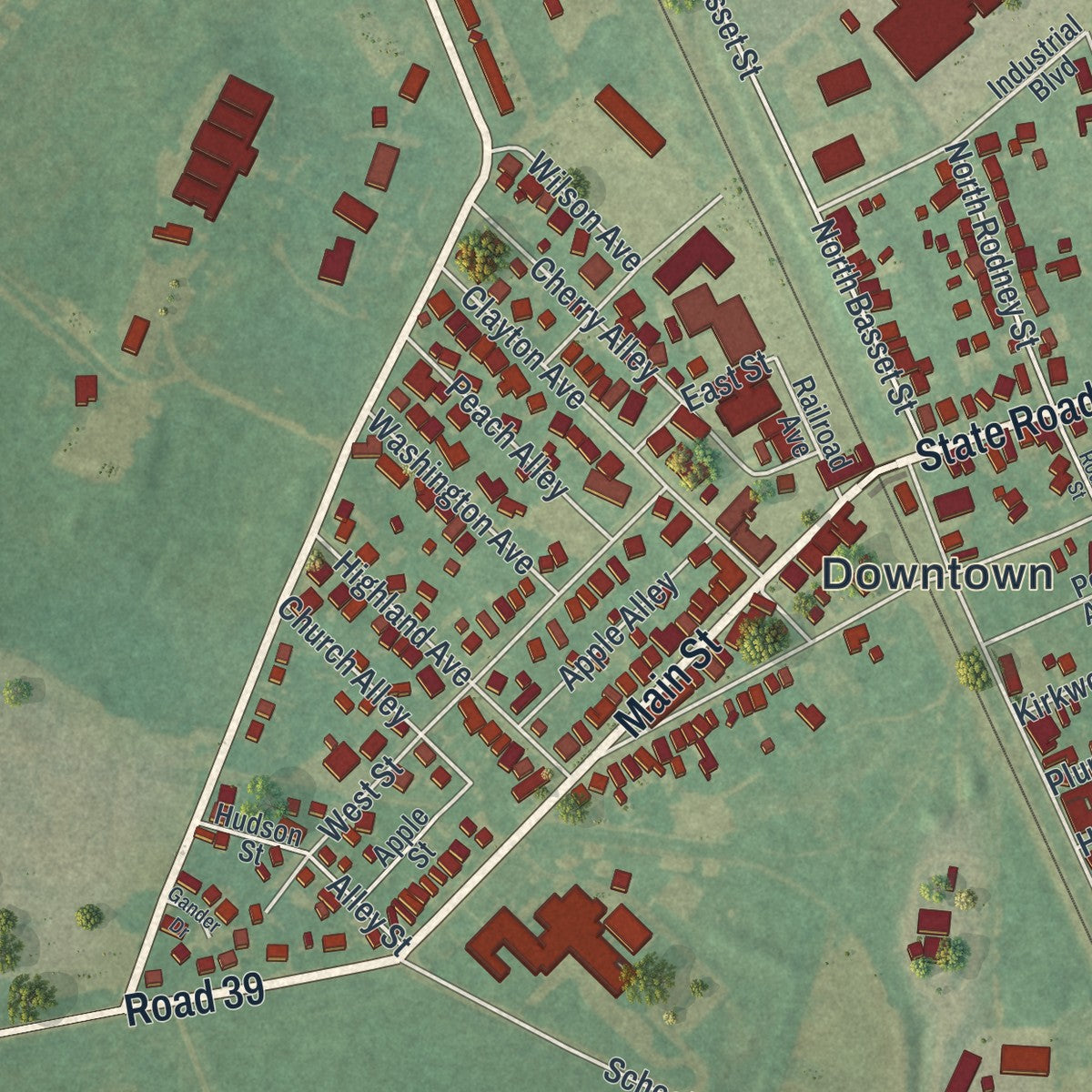 Close-up of the map of Clayton, Delaware print showing street and building detail