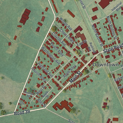 Close-up of the map of Clayton, Delaware print showing street and building detail