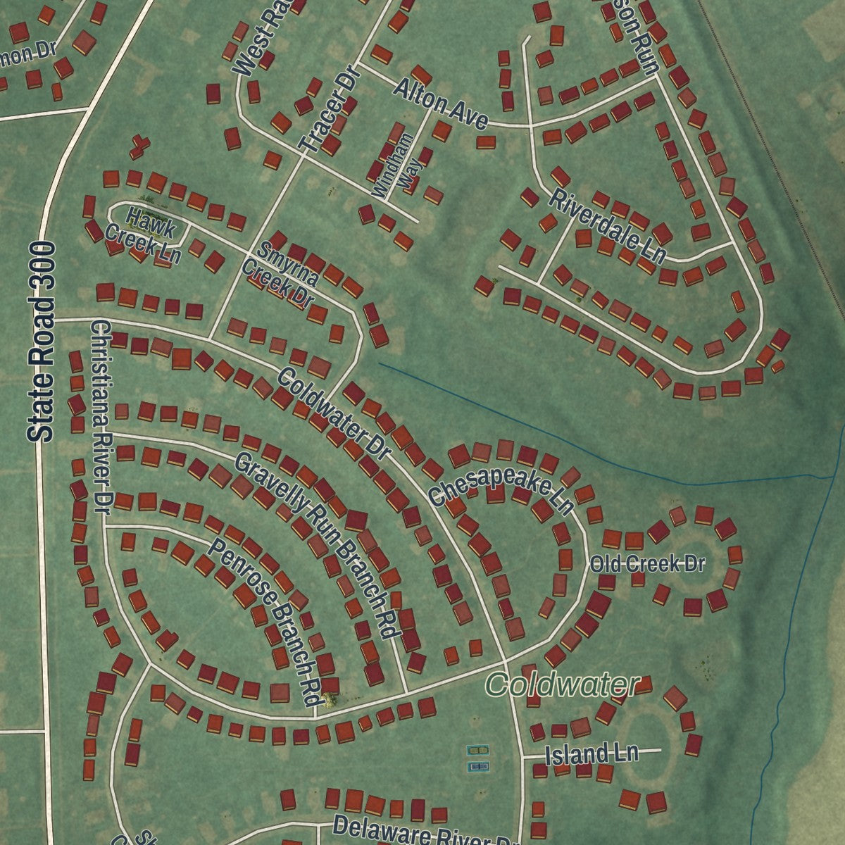 Second close-up of the map of Clayton, Delaware print showing more streets and buildings