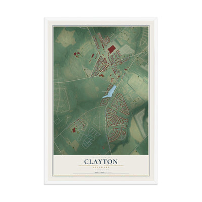Map of Clayton, Delaware, 12 x 18 inch print in a white wood frame