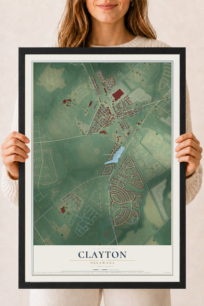 Map of Clayton, Delaware, 18 x 24 inch print in a black wood frame