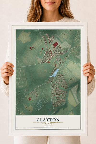 Map of Clayton, Delaware, 18 x 24 inch print in a white wood frame