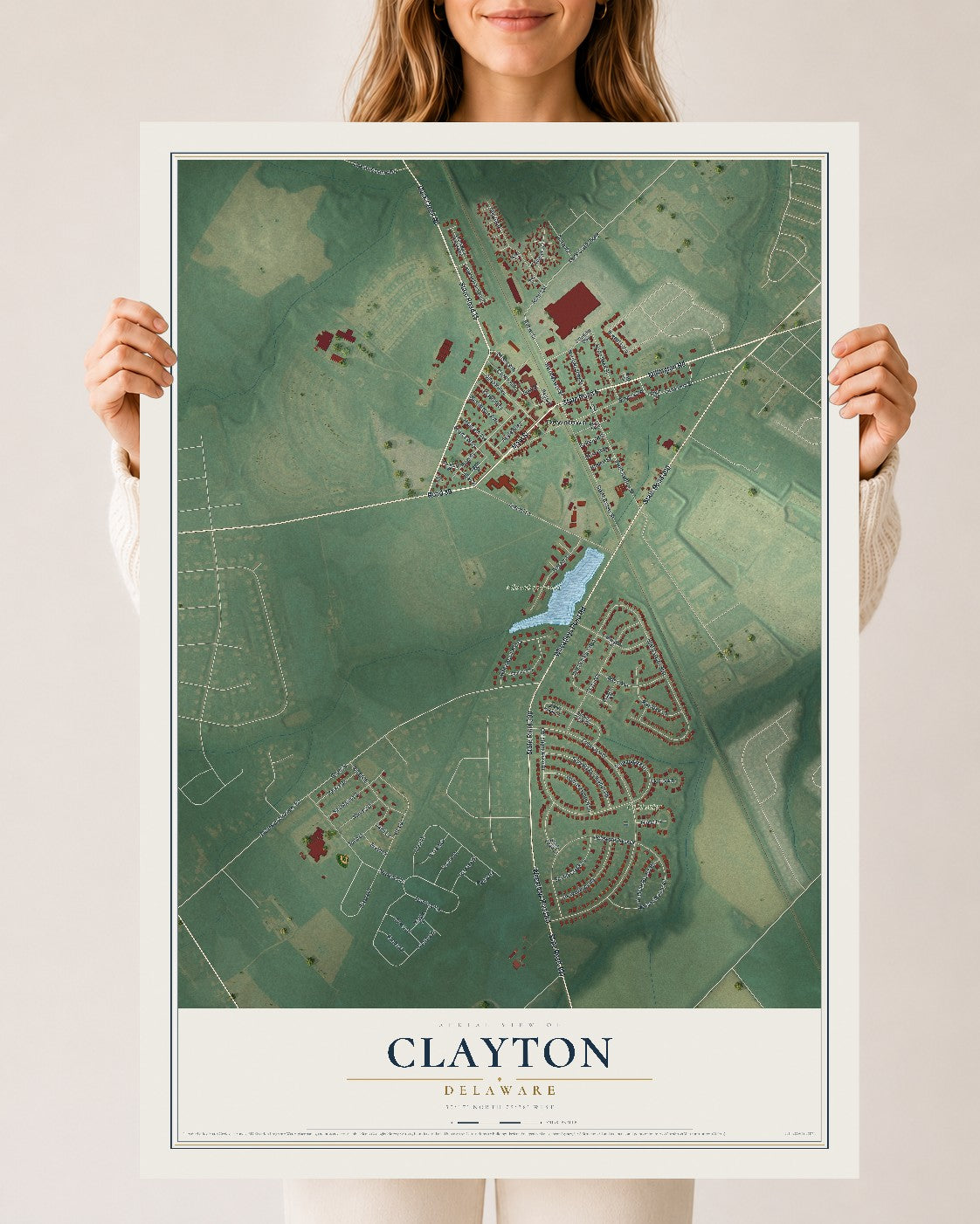 Map of Clayton, Delaware, 24 x 36 inch unframed archival matte print