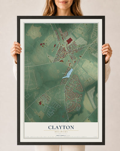 Map of Clayton, Delaware, 24 x 36 inch print in a black wood frame