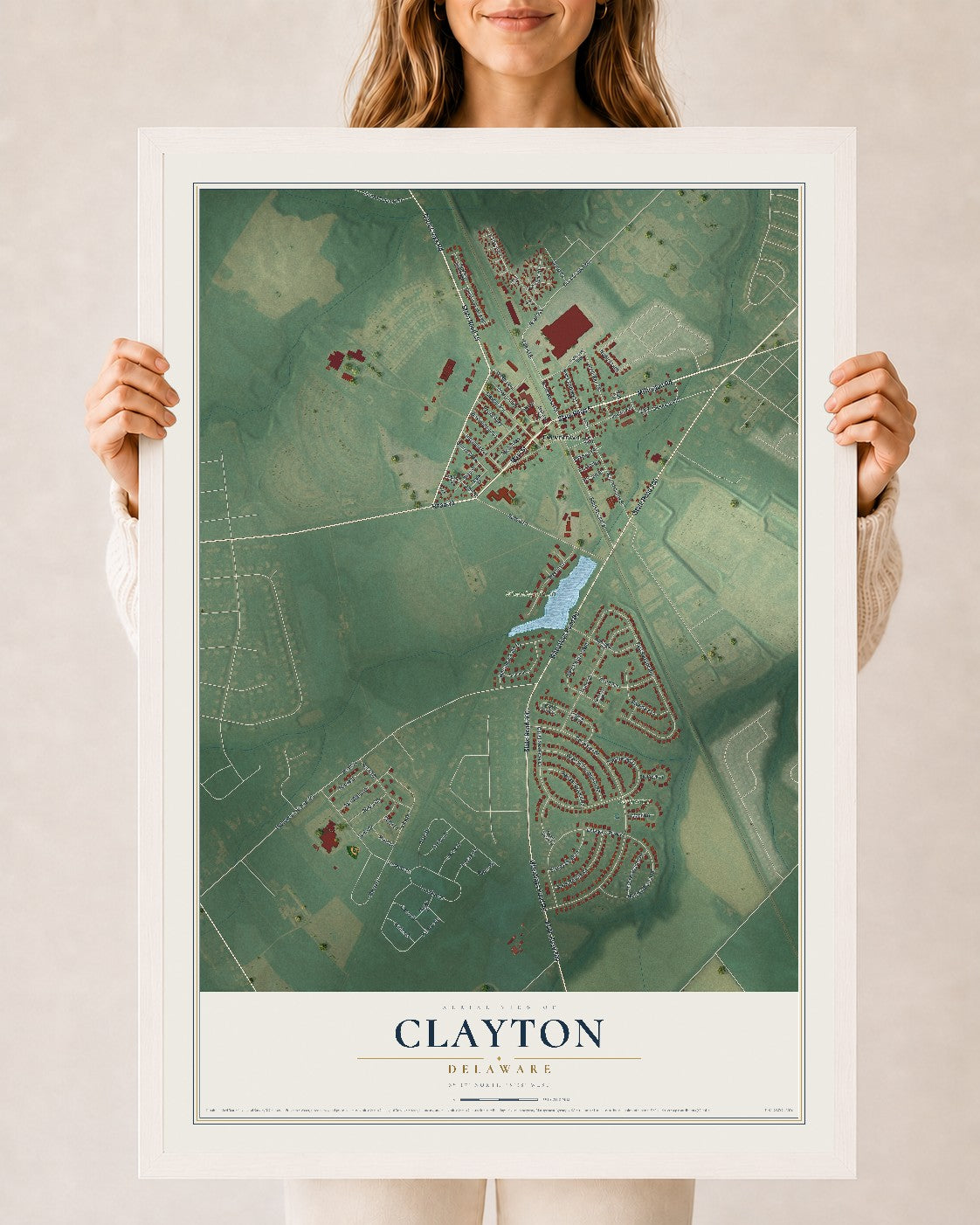 Map of Clayton, Delaware, 24 x 36 inch print in a white wood frame