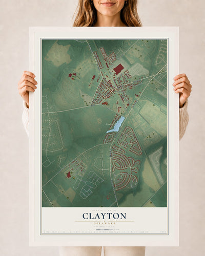 Map of Clayton, Delaware, 24 x 36 inch print in a white wood frame