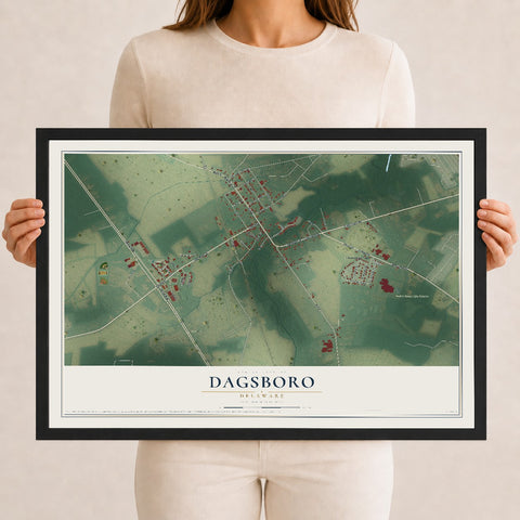 Map of Dagsboro, Delaware, 12 x 18 inch print in a black wood frame