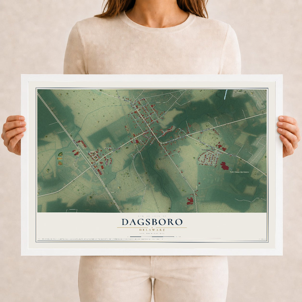 Map of Dagsboro, Delaware, 12 x 18 inch print in a white wood frame