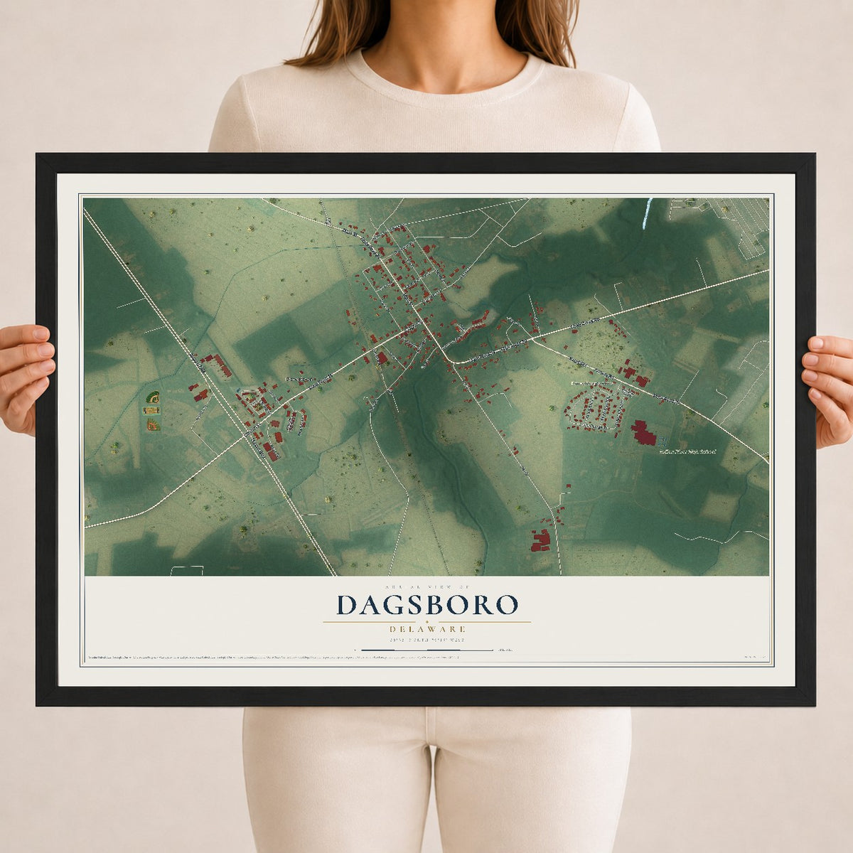 Map of Dagsboro, Delaware, 18 x 24 inch print in a black wood frame