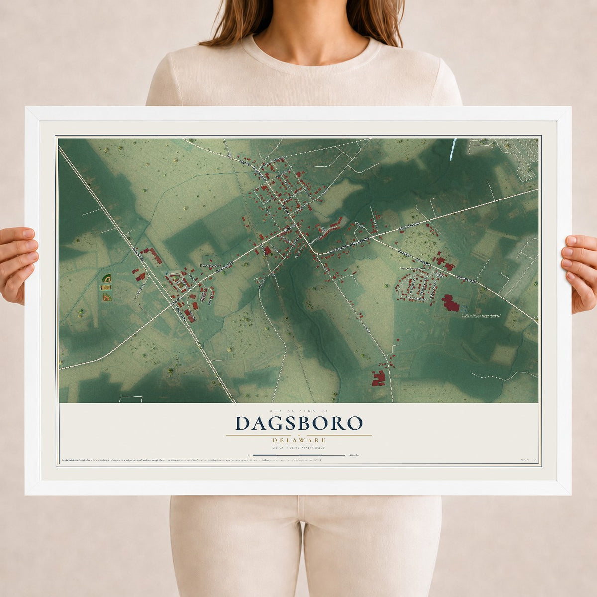 Map of Dagsboro, Delaware, 18 x 24 inch print in a white wood frame
