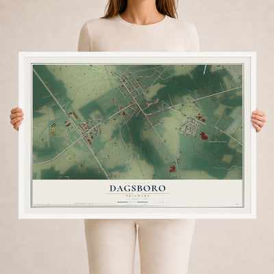 Map of Dagsboro, Delaware, 24 x 36 inch print in a white wood frame