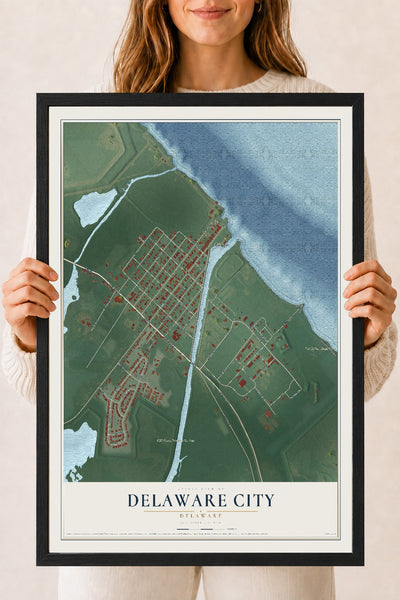 Map of Delaware City, Delaware, 18 x 24 inch print in a black wood frame