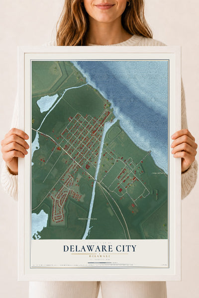 Map of Delaware City, Delaware, 18 x 24 inch print in a white wood frame