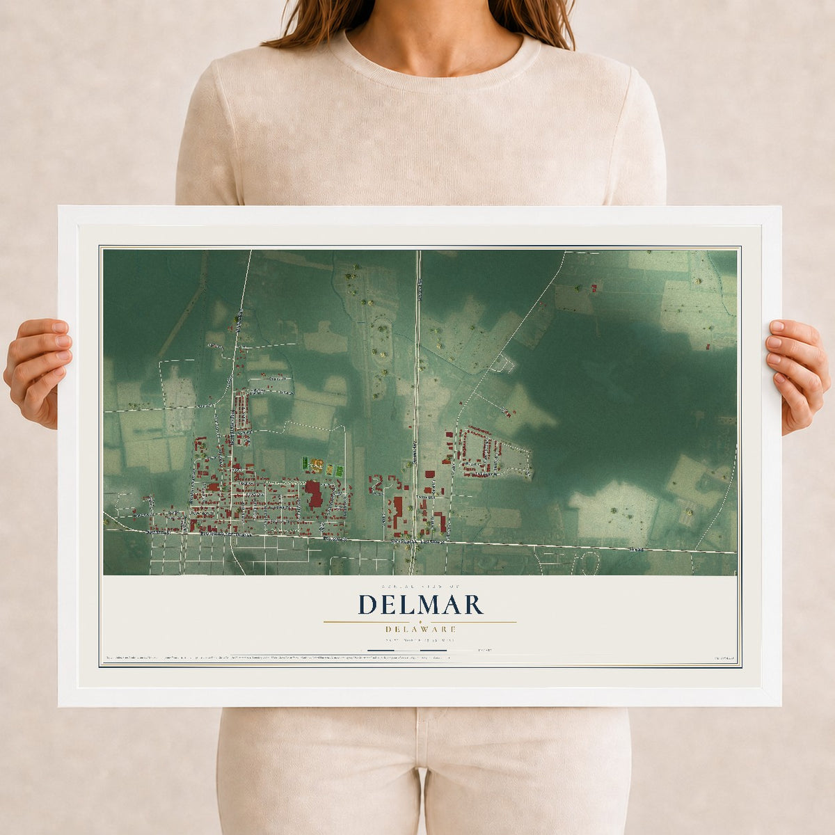 Map of Delmar, Delaware, 12 x 18 inch print in a white wood frame