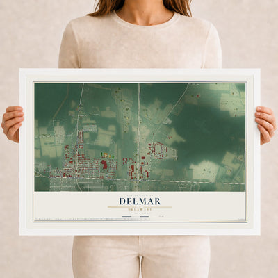 Map of Delmar, Delaware, 12 x 18 inch print in a white wood frame
