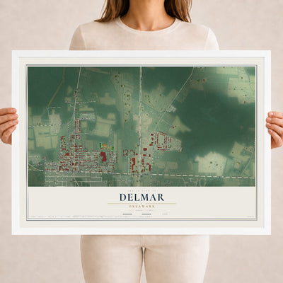Map of Delmar, Delaware, 18 x 24 inch print in a white wood frame