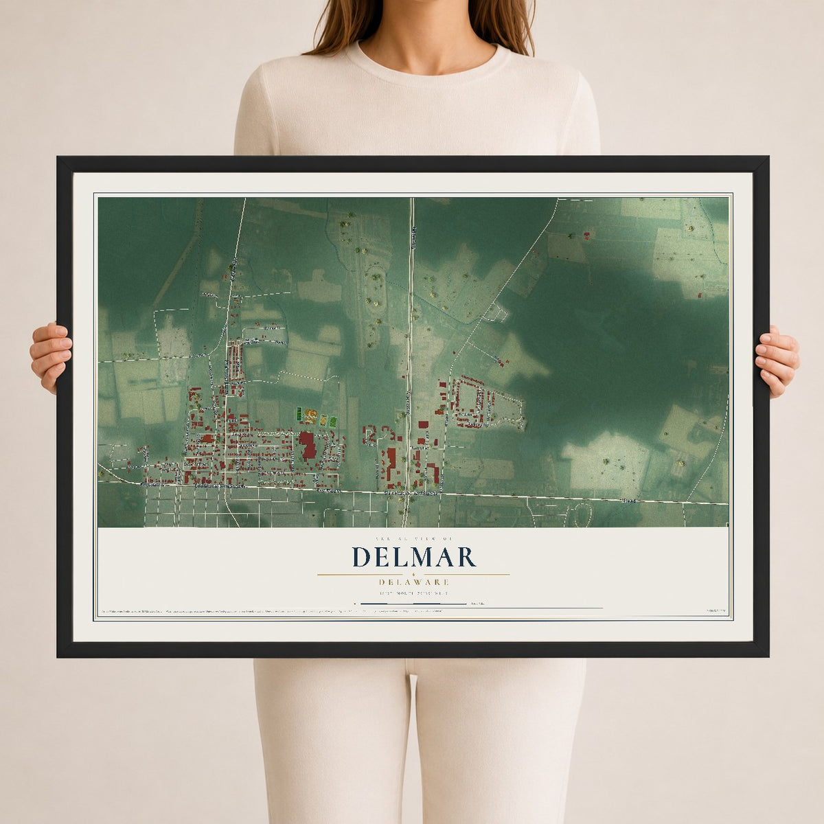 Map of Delmar, Delaware, 24 x 36 inch print in a black wood frame