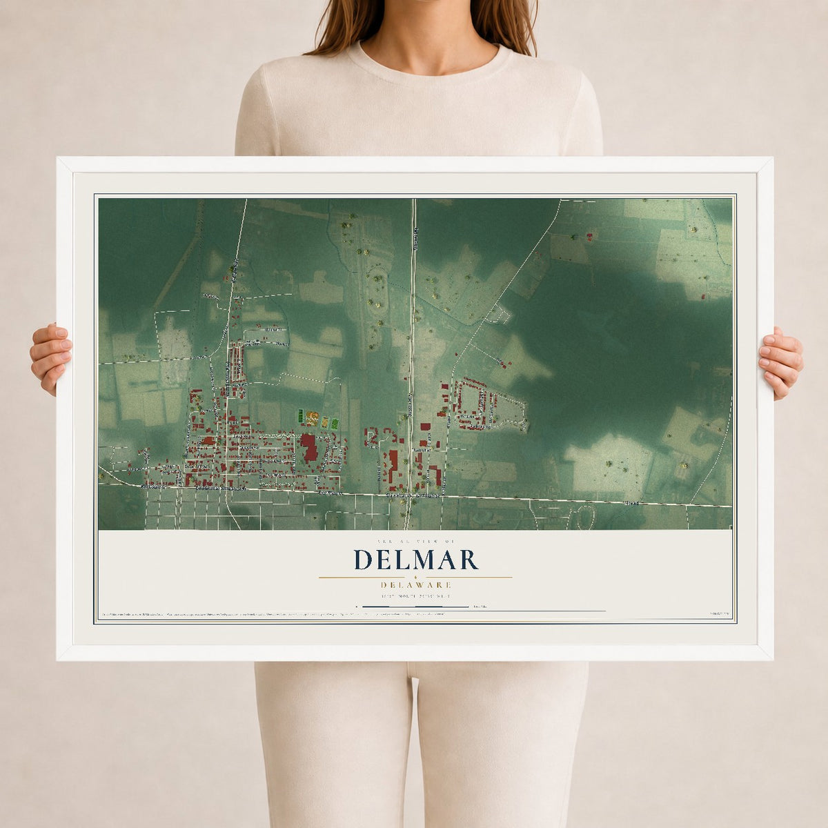 Map of Delmar, Delaware, 24 x 36 inch print in a white wood frame