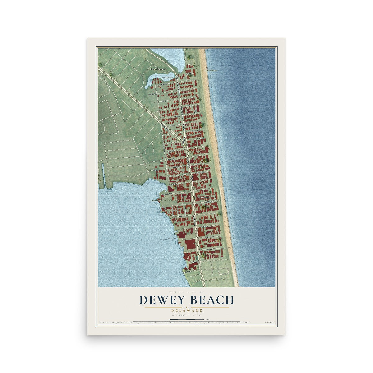 Map of Dewey Beach, Delaware, 12 x 18 inch unframed archival matte print