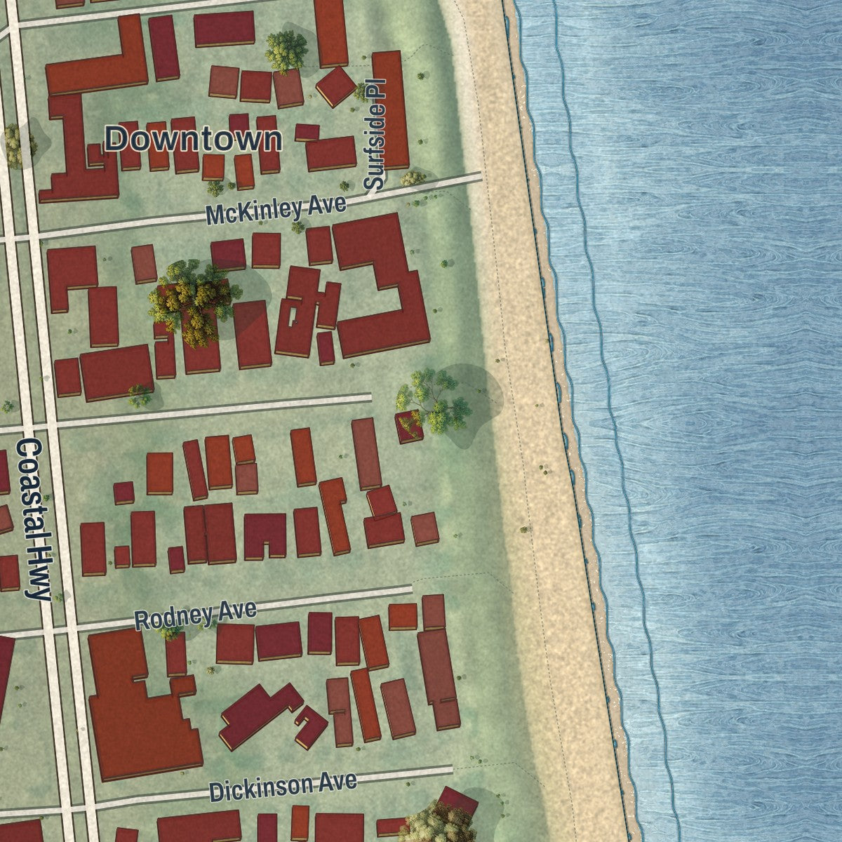 Second close-up of the map of Dewey Beach, Delaware print showing more streets and buildings