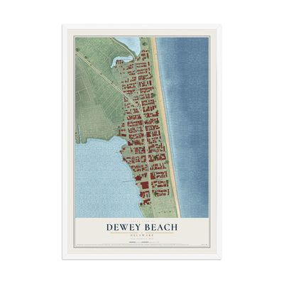 Map of Dewey Beach, Delaware, 12 x 18 inch print in a white wood frame