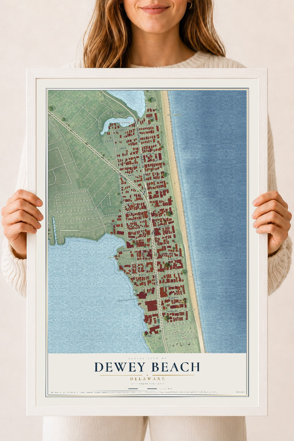 Map of Dewey Beach, Delaware, 18 x 24 inch print in a white wood frame