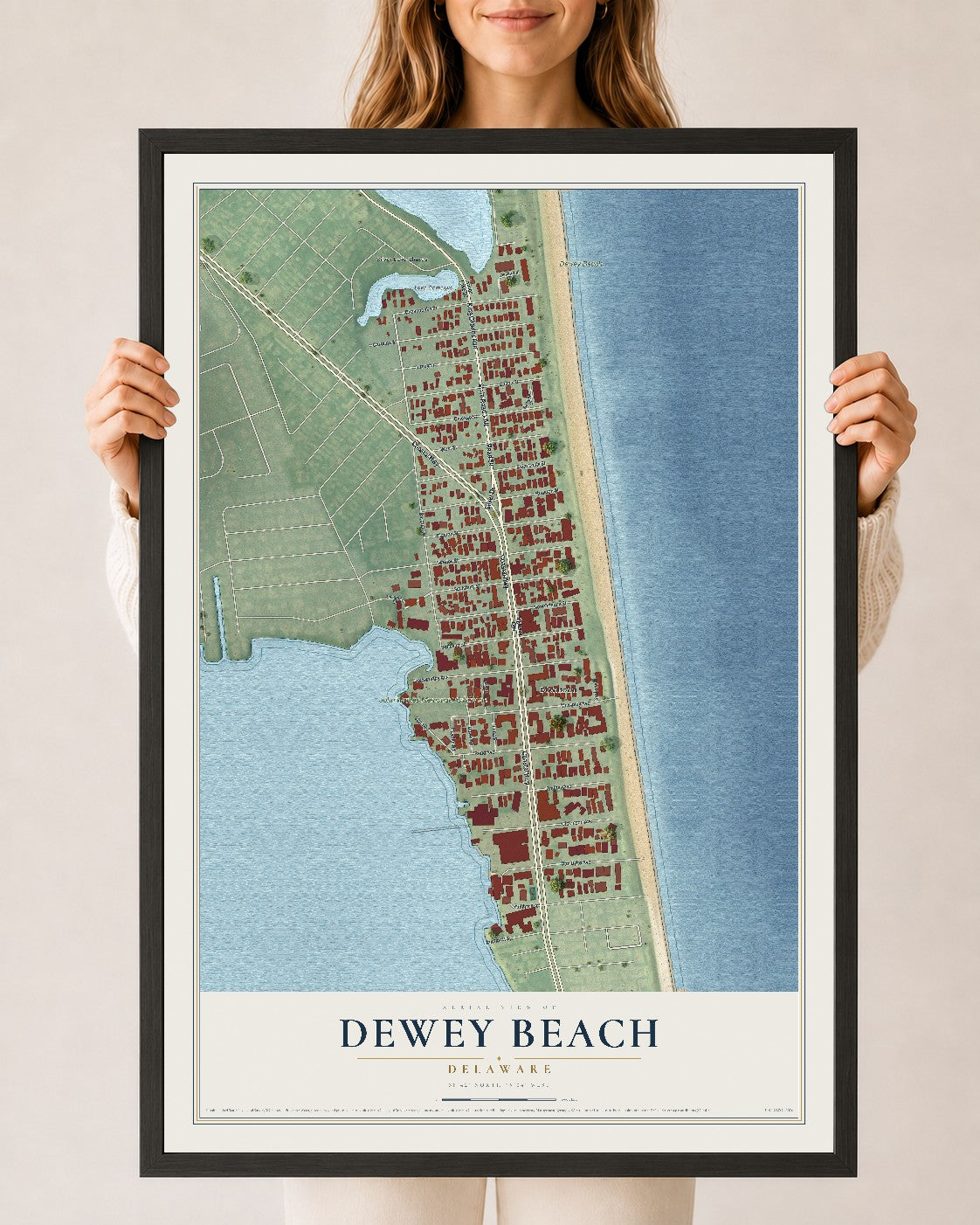 Map of Dewey Beach, Delaware, 24 x 36 inch print in a black wood frame