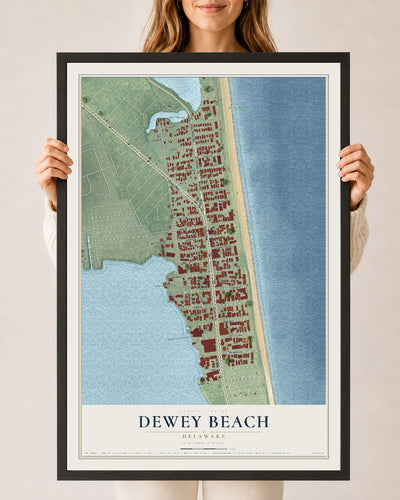 Map of Dewey Beach, Delaware, 24 x 36 inch print in a black wood frame
