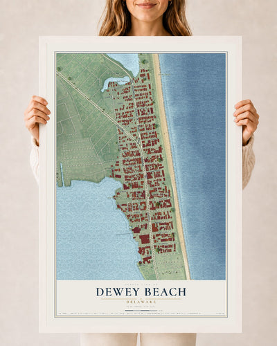 Map of Dewey Beach, Delaware, 24 x 36 inch print in a white wood frame