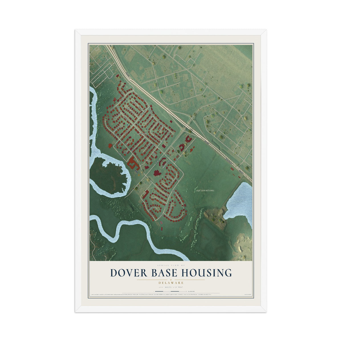 Map of Dover Base Housing, Delaware, 12 x 18 inch print in a white wood frame