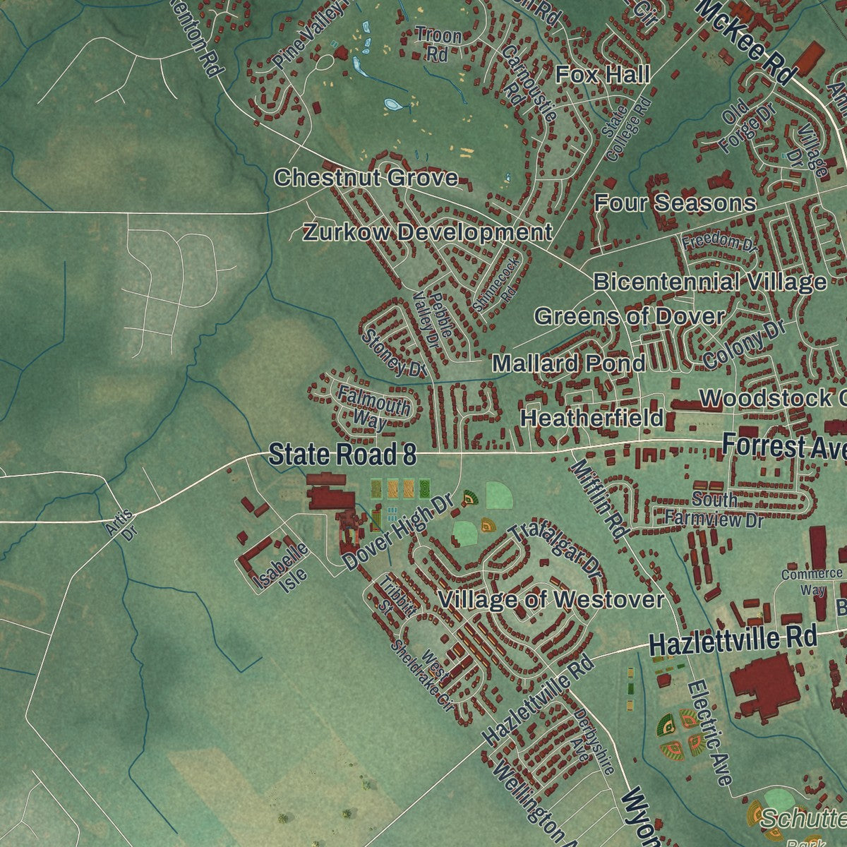 Second close-up of the map of Dover, Delaware print showing more streets and buildings