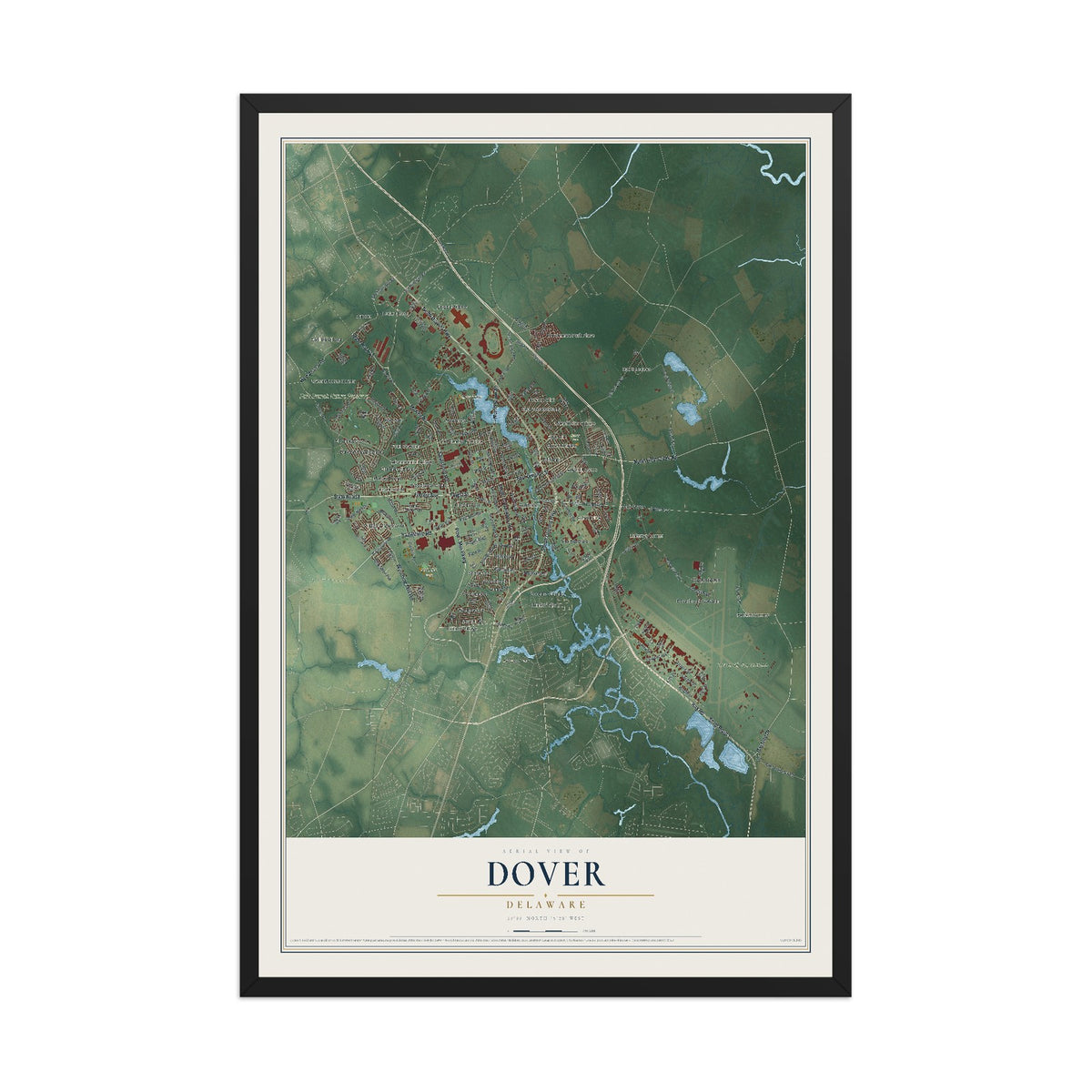 Map of Dover, Delaware, 12 x 18 inch print in a black wood frame